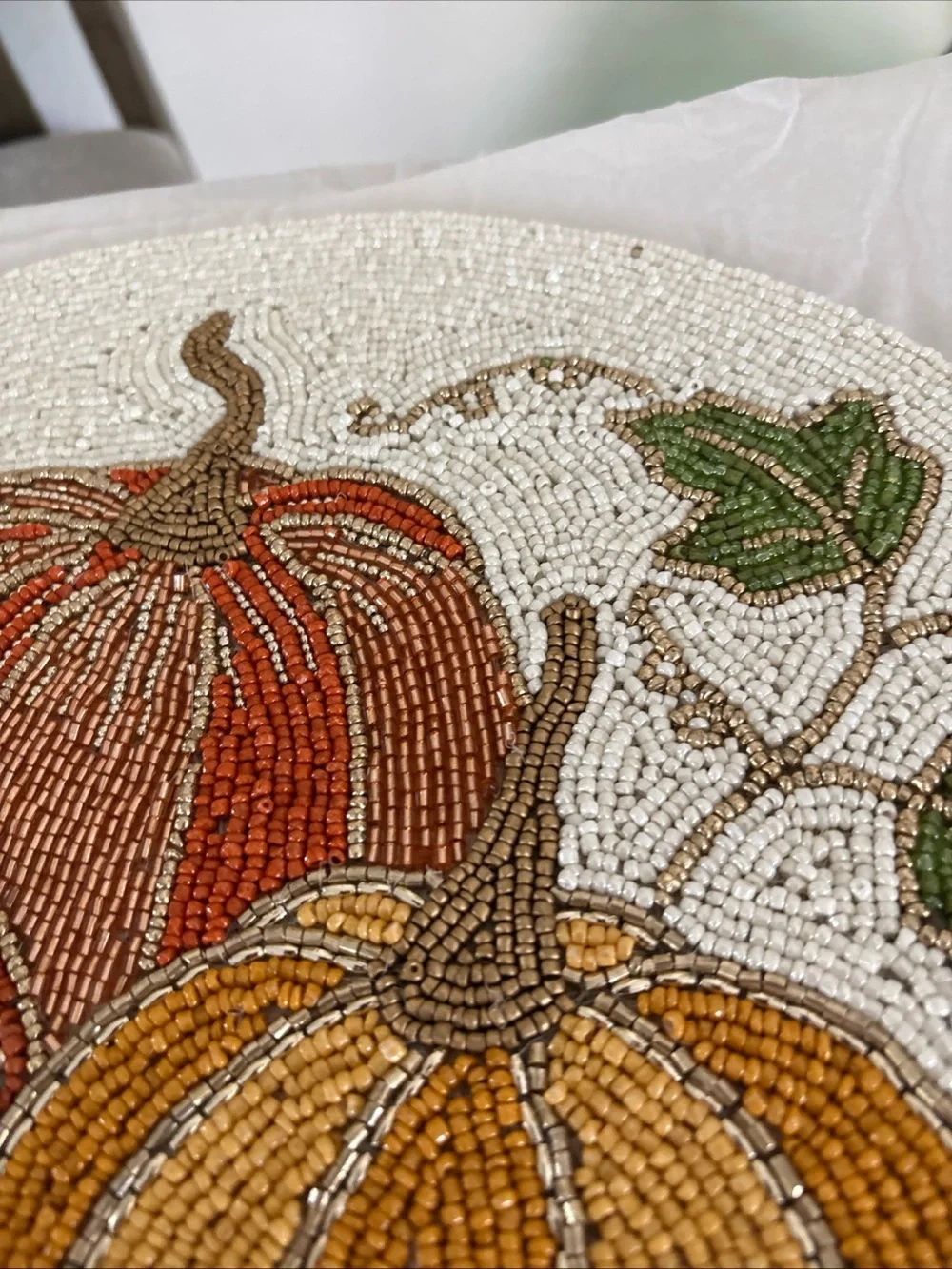 Shabby Chic Beaded Fall Pumpkins Charger Autumn Placemat*Leaves*Centerpiece